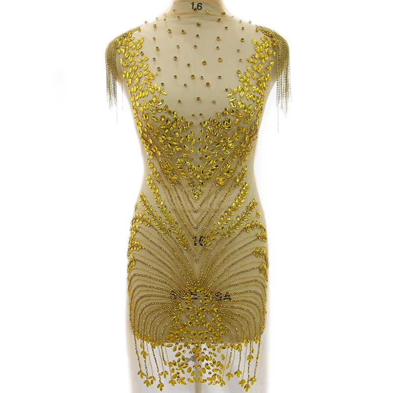 High End Handmade WDP-362 Keering Clear Silver Shiny Glass Dress Panel Art Deco Crystal Embroidered Flower Bodice Applique