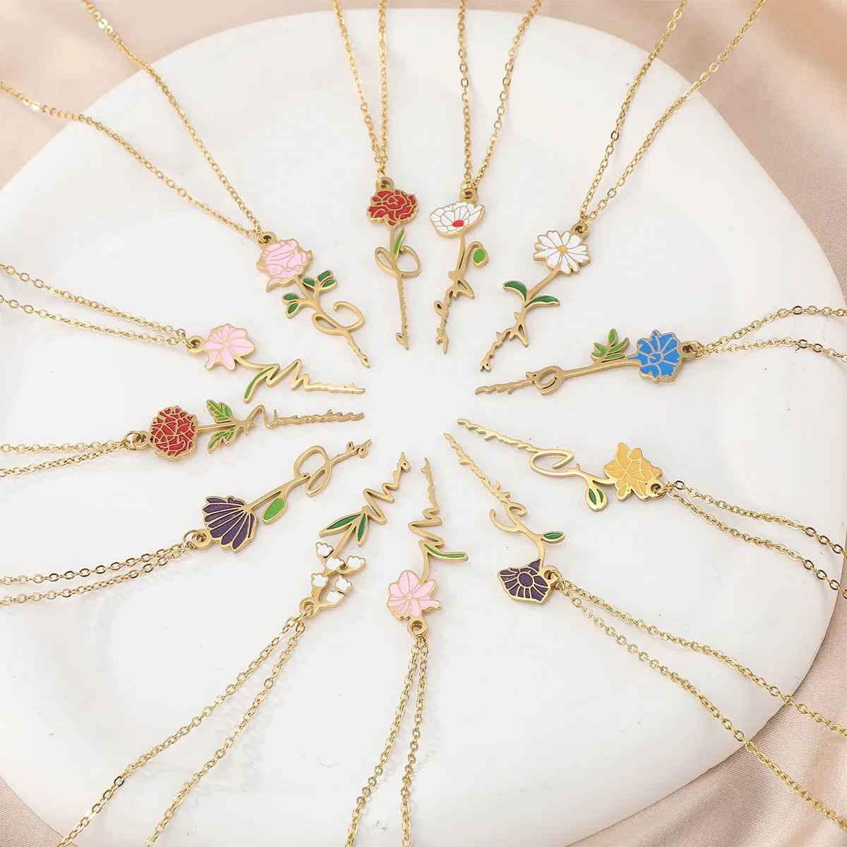 Hot Selling Birth Flower Necklace Trendy 18k Gold Plated Colorful Flower Birth Month  Stainless Steel Initial Necklace