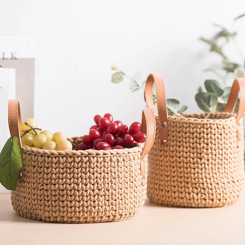 Hand Woven Cotton Rope Woven Basket with Handles for Shelf Toy Book Cloth Storage Basket for Organizing