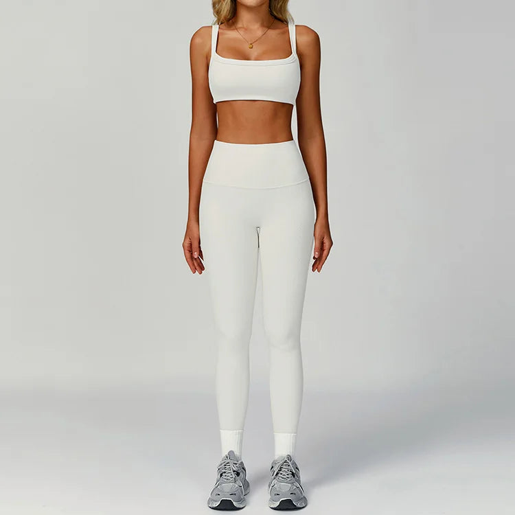 Custom Label Plain Color Threaded Women Yoga Set Nylon Spandex White Yoga Set