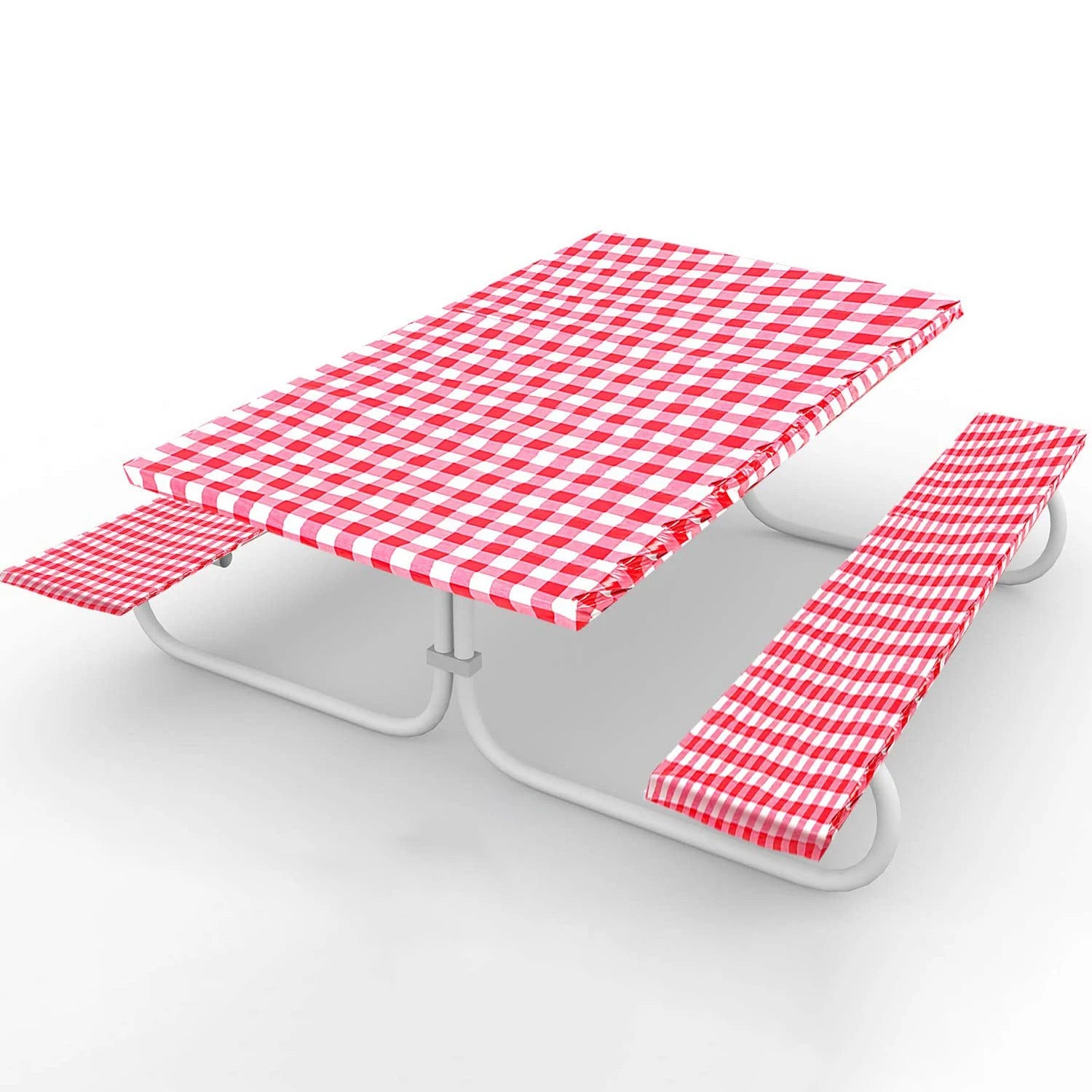 Polyester Picnic Table Bench 3-Piece Set Checkered Design Flannel Backed Lining Waterproof & Oilproof Handmade 30x72 Inch Red