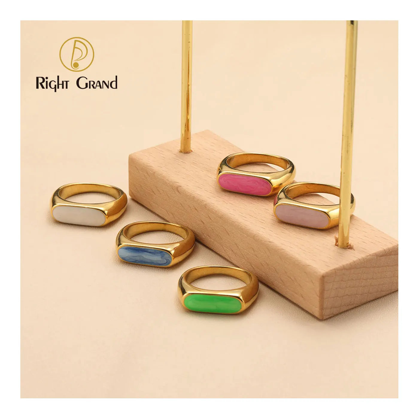 Multi Color Drops of Oil Waterproof Non-fading 18k Gold Plated Stainless Steel Personalized Enamel Gold Ring