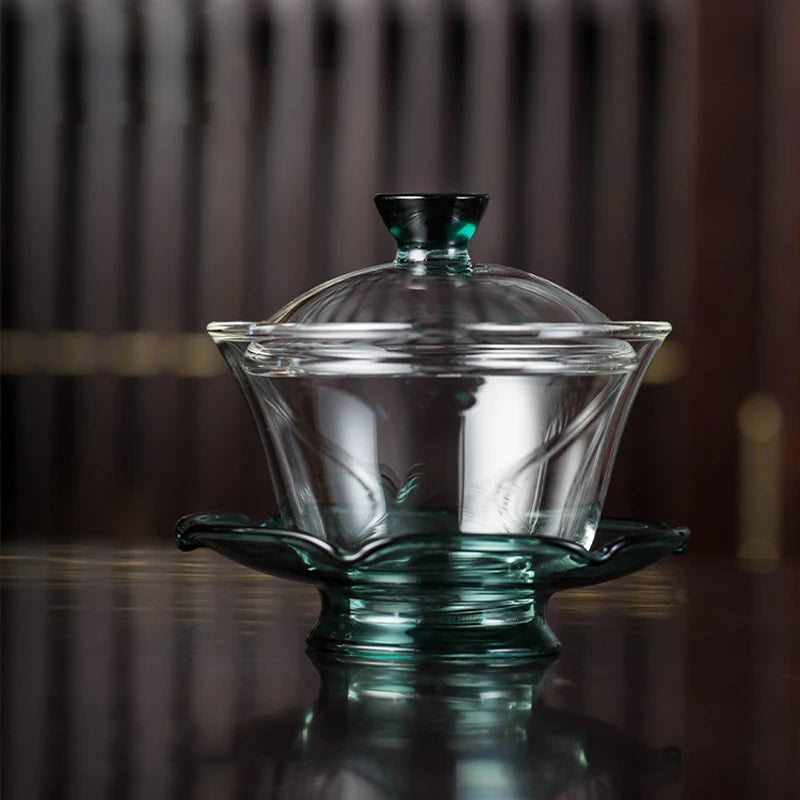 High Quality New Design Heat-Resistant Borosilicate Glass Kongfu Tea Cup Set Lid Saucer 150ml Capacity Lead BPA Free Handmade