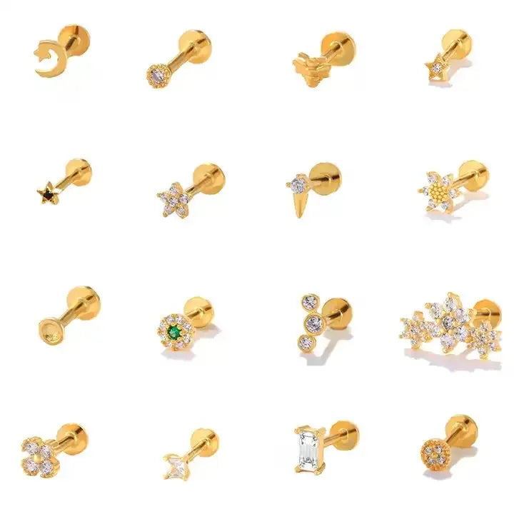 Gaby Flat Back Lip Ring Tragus Piercing Earrings 925 Sterling Silver Stud 18K Gold Plated Body Piercing Jewelry Wholesale