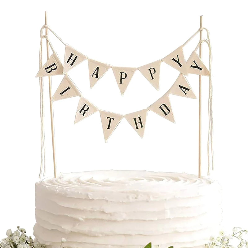 Handmade Safe Reusable Happy Birthday Cake Topper Wooden Banner with White Burlap Bunting Flags for Party Cake Decor