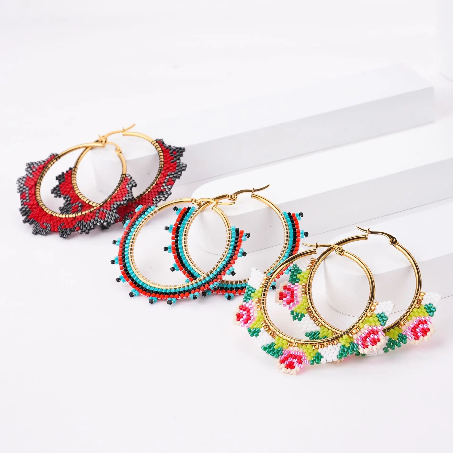 4CM Vintage Bohemian Style Stainless Steel Miyuki Tila Bead Big Fashion Hoop Earrings for Women Gold Plated Jewelry