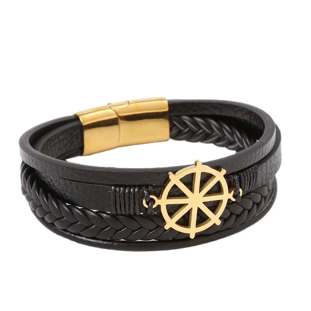 Trendy Layered Stainless Steel Rudder Charm Hand Woven Bracelet for Mens