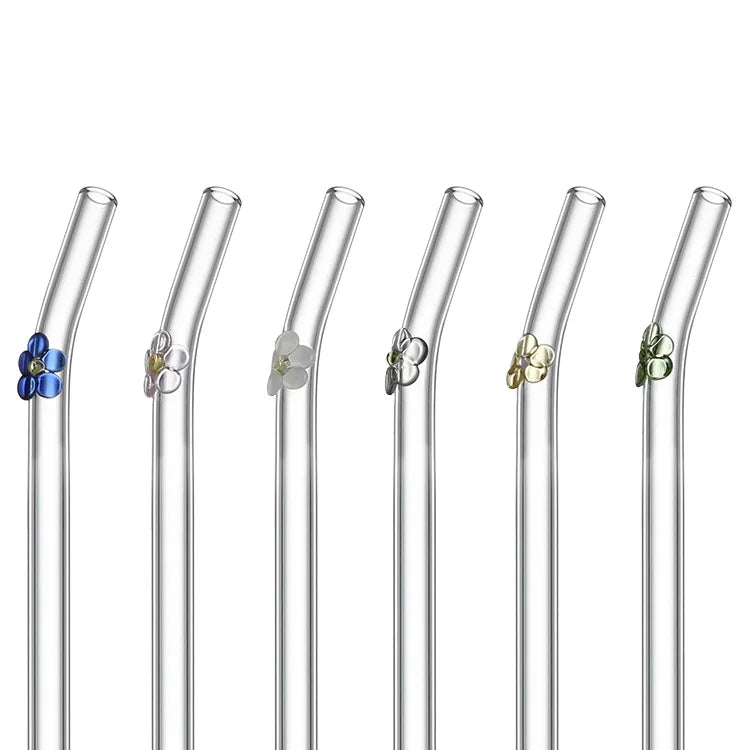 ENTESI Custom Reusable Drinking Clear Bent Straight Flower Shape Glass Paille Anti Wrinkle Straw Straws Charms Set with Design