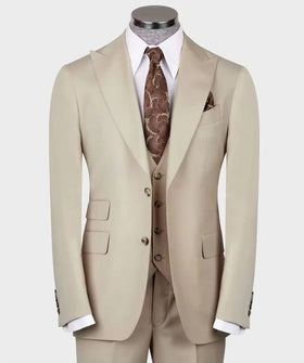 Beige Men's Suit 3 Pieces Formal Business Peaked Lapel Tuxedos Groomsmen Suit Set for Wedding(Blazer+vest+Pants)