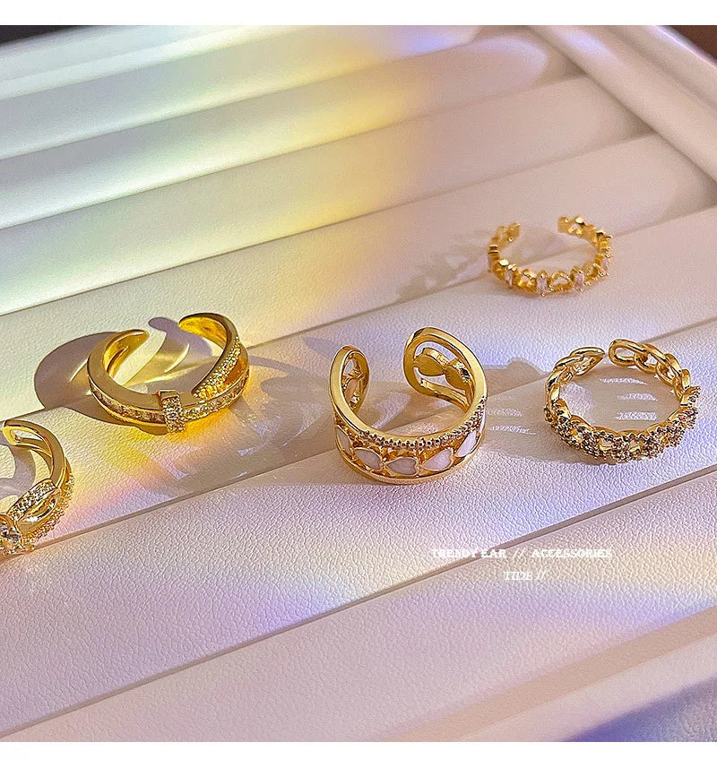 Top Fashion Adjustable Gold Plated Geometry Finger Rings Luxury Layered Diamond Pearl Open Rings for Women