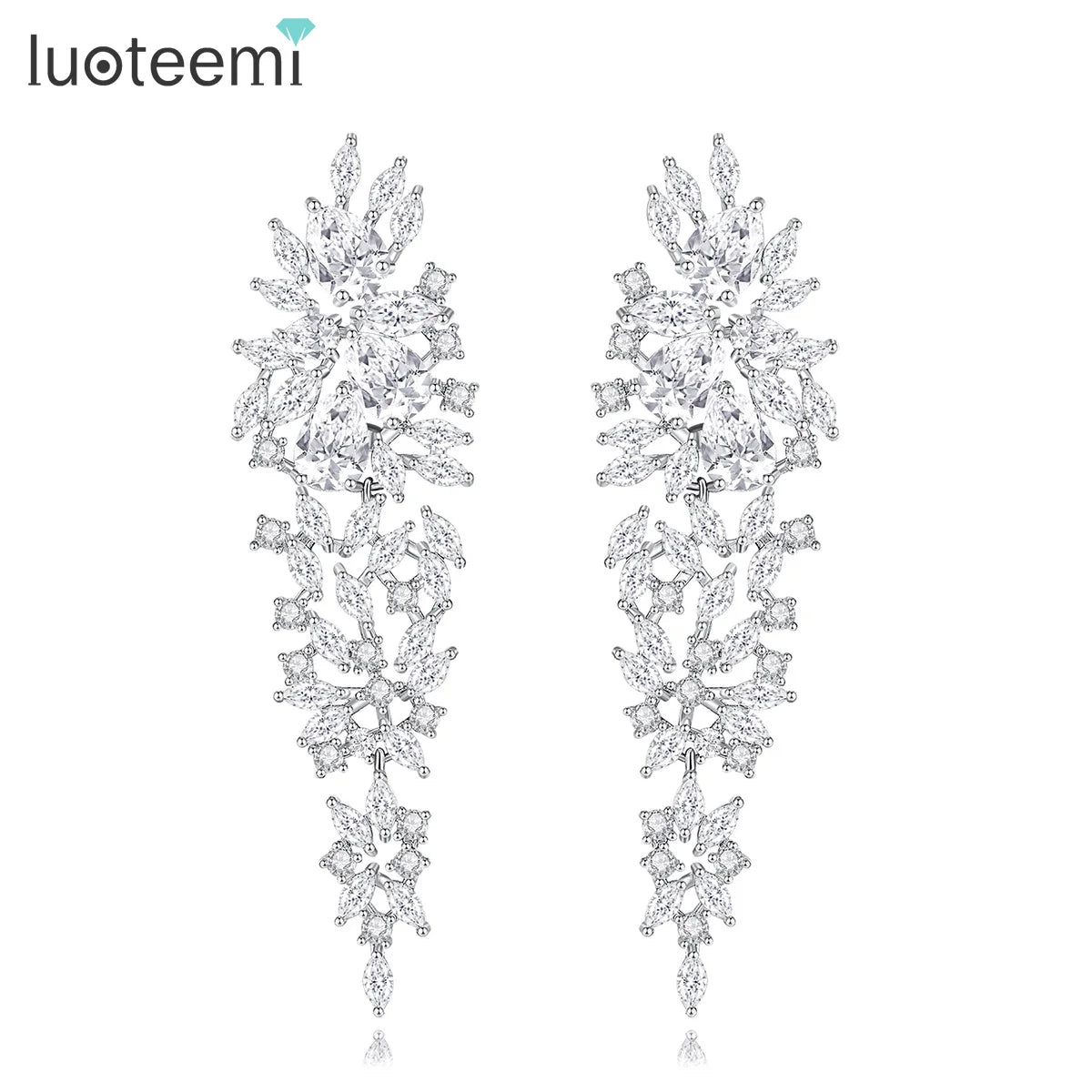 LUOTEEMI Wholesale Fashion Luxury Rhodium Plated Bridal Shining Clear Cubic Zirconia Long Wedding CZ Chandelier Earrings