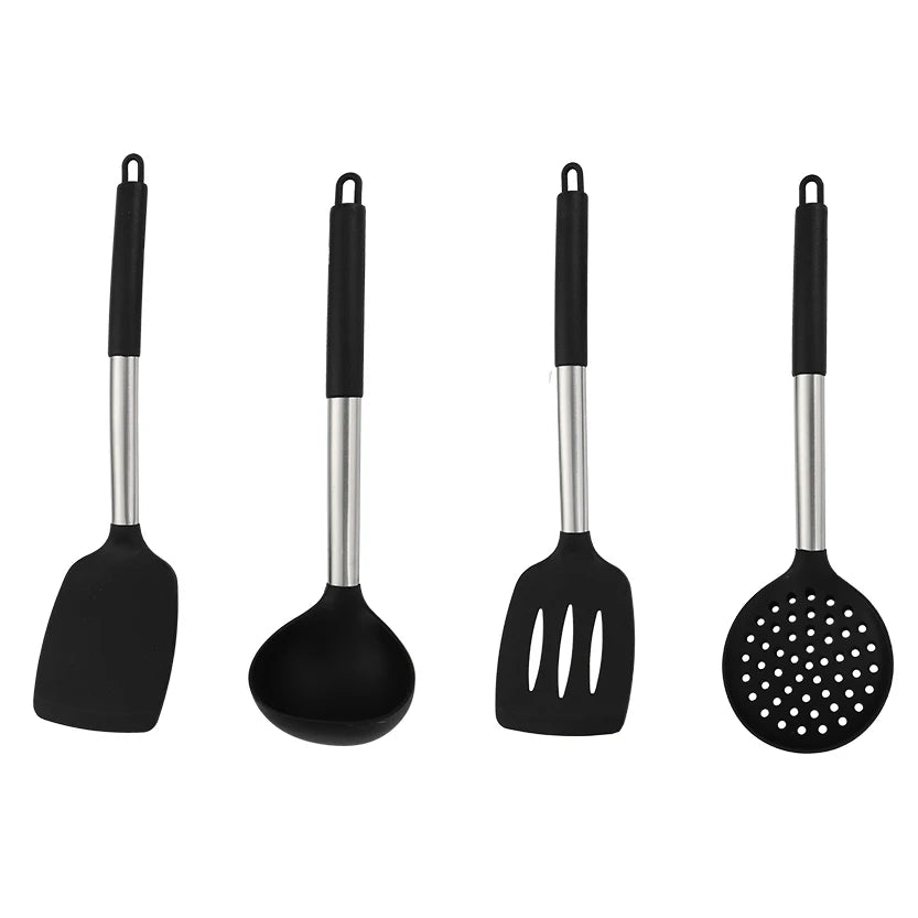 4 Pieces Silicone Kitchen Cookware Tools Set Cooking Utensils Kitchen Accessories Stainless Steel Black Utensils Set