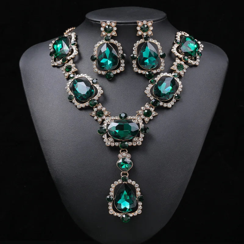 DUYIZHAO European and American Large Water Drop Oval Square Shape Crystal Necklace Earrings Jewelry Set for Wedding Engagement