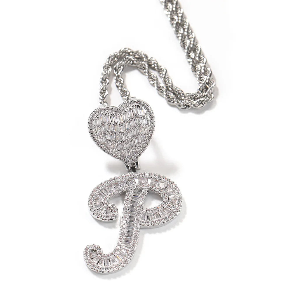 Customised Hiphop Baguette Heart Hook Brushed Cursive Name Letter Sports Necklace Zircon for Tennis Brass Gold Plated Rope Chain