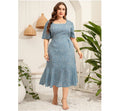 Summer New Short Sleeve Dress Women Fashion Print Square Neck Dress Ladies Plus Size Midi Dress