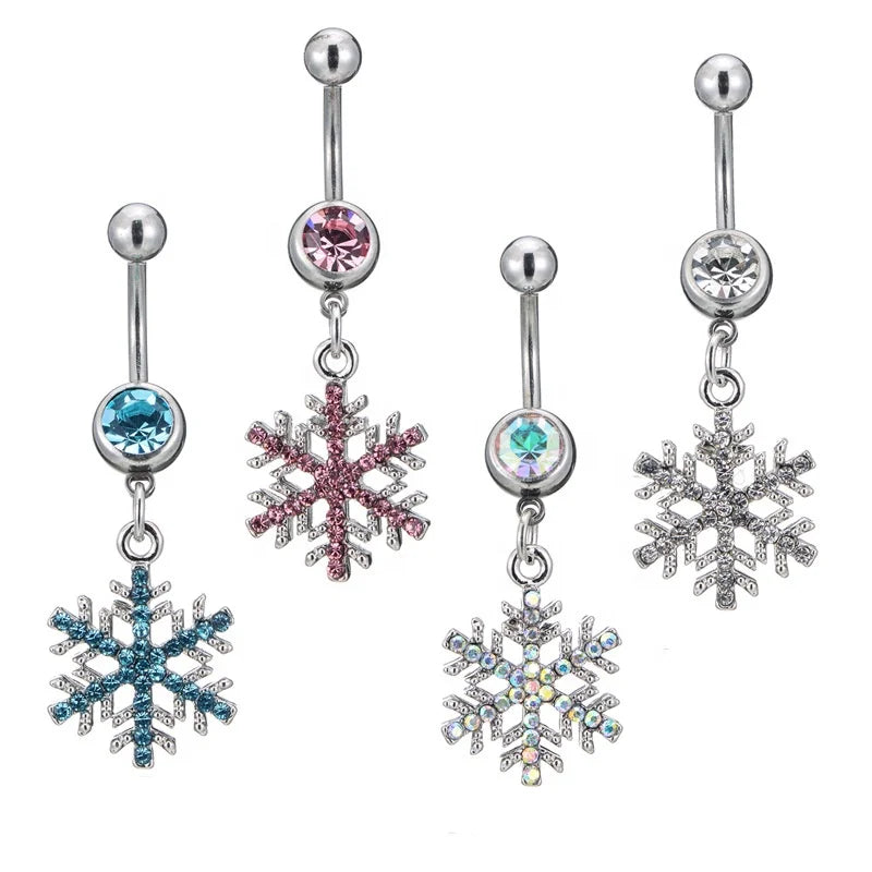 Stainless Steel Externally Threaded Navel Piercing Jewelry Christmas Snowflake Shaped Belly Button Ring With Shiny Zircon