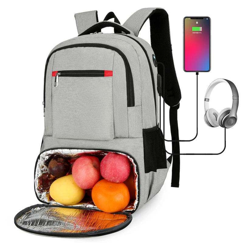 College School Food Storage Insulated Lunch Backpack with USB Charging Port Bookbag Fit for 10 Standard Can Drinks Cooler Bag