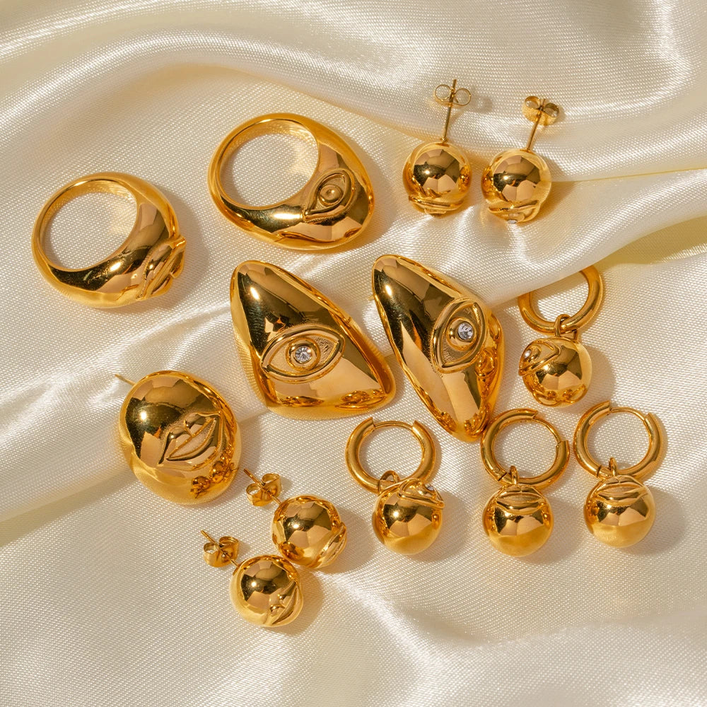 J&D Design Chunky Drop Earrings Rings 18K PVD Gold Plated Stainless Steel Lips Devil Eye Fun Earrings