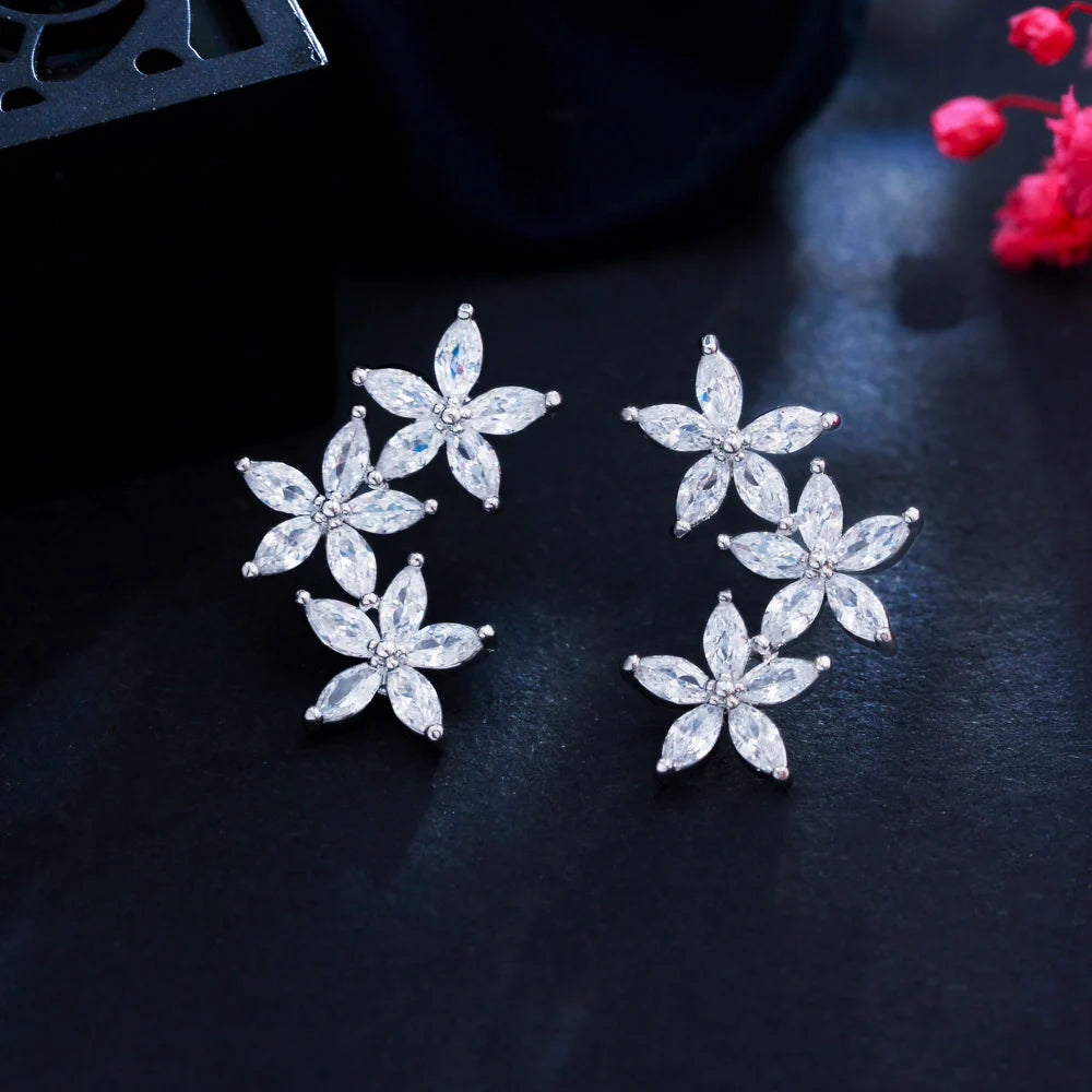 Trendy White Cubic Zirconia Silver Plated Cluster Flower Leaf Stud Earrings for Women Chic Korean Style Jewelry