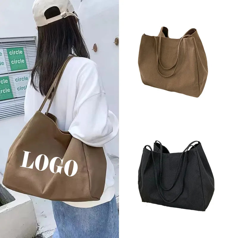 Custom logo Spring New Solid Color Women's Shoulder Bag Simple Artistic Canvas Handbag Large Capacity Shopping Bag