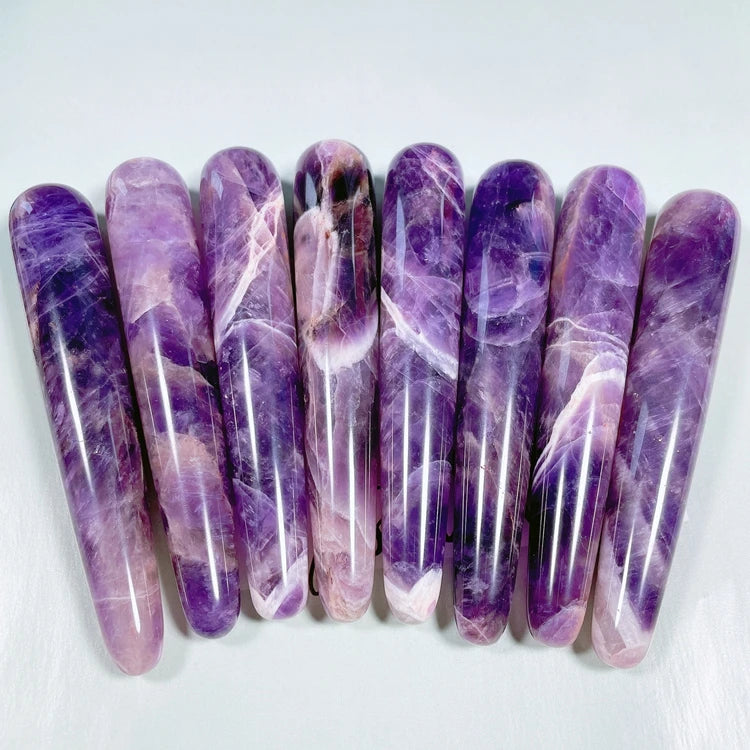 Huiying Natural Polished Healing Crystals Stone Amethyst Massage Wand Stick Carving Crafts For Energy Massager