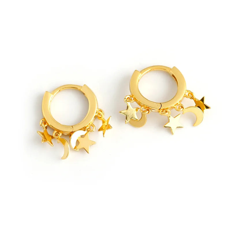 925 Silver Gold Plated Celestial Dainty Pendant Earrings with Moon and Star Charm Dangle Minimalist Wedding Party