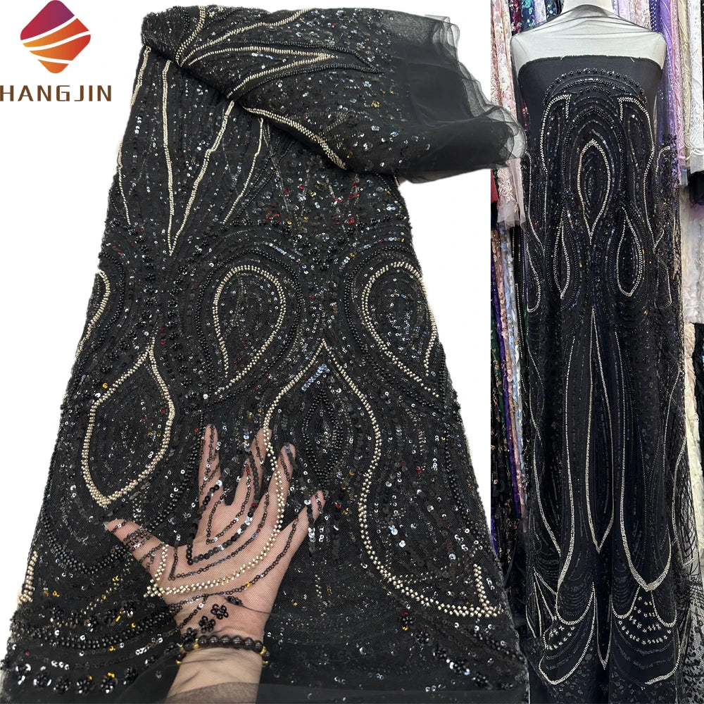 Black Embroidered French Lace Fabric Exquisite Handmade Beaded Lace Fabric With Sparkle Sequins Tulle Lace for Party Wedding