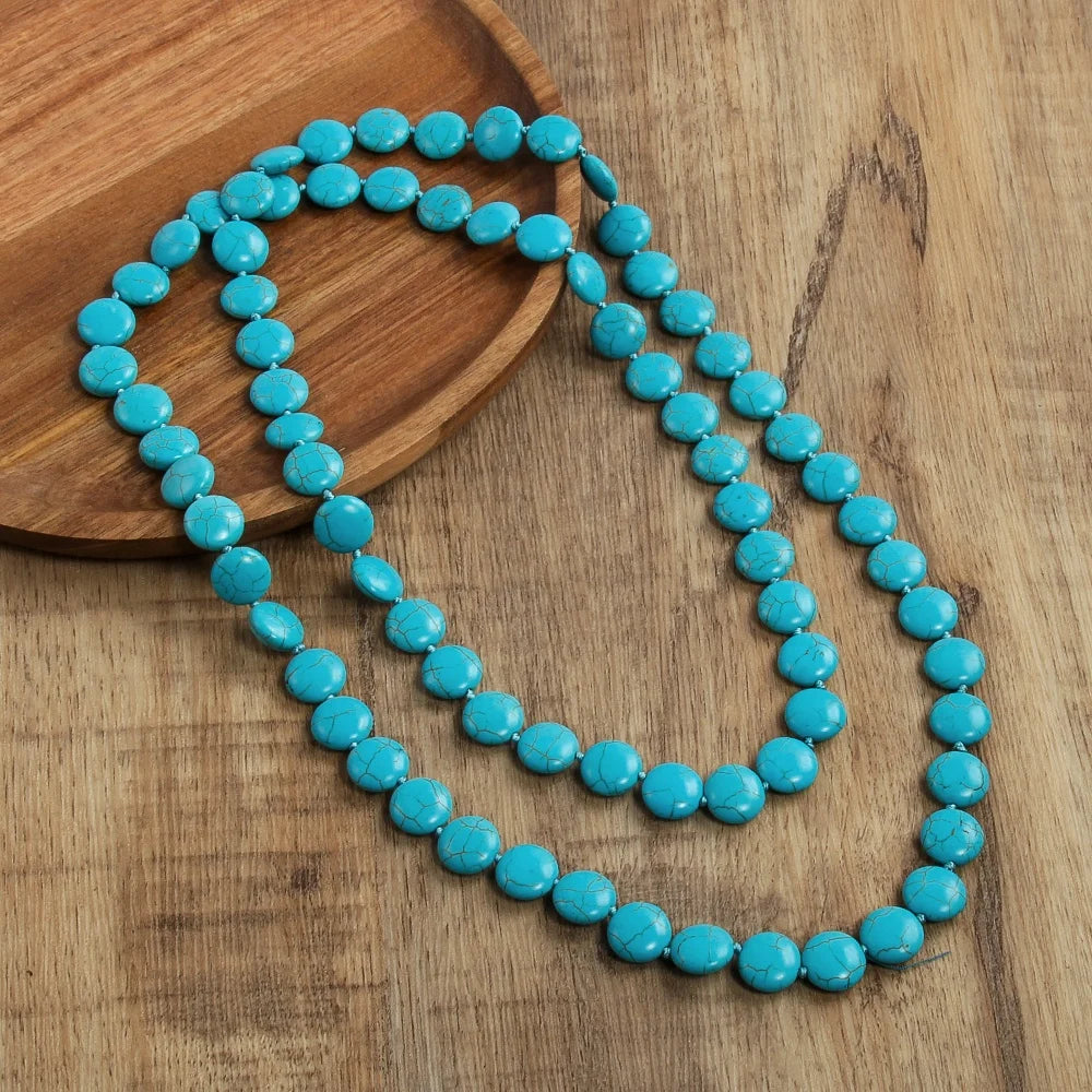 Women Ethnic Western Jewelry 1.4cm Width White Flat Turquoise Blue Stone Necklace 47inch Long Wrap Turquoise Necklaces