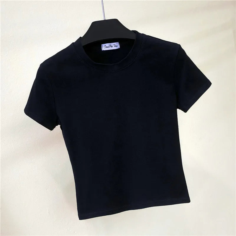 Green Crop Top T-Shirt Female Solid Cotton O-Neck Short Sleeve T-shirts for Women High Waist Slim Short Sport Femme T-Shirt