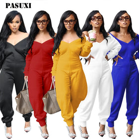 PASUXI New Design Long Sleeve Tracksuit One Piece Jumpsuit Women V-Neck Slim Bodysuit Rompers Women's Jumpsuits Playsuits