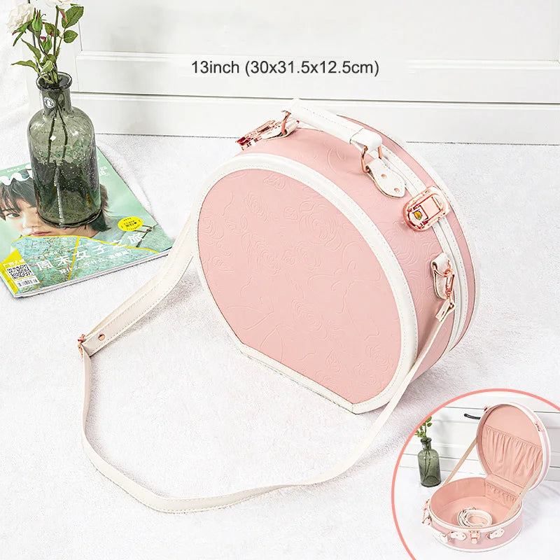 (Embossed Pink) 13inch Vintage Carry on Suitcase Small PU Leather Train Case with Metal Snap for Women MegaBDM