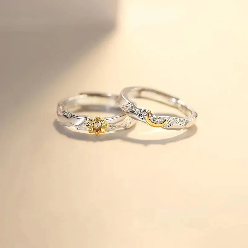 Romantic Silver Plated Sun Moon Zircon Open Pair Rings Valentine's Day Gift for Men Women Engagement Wedding Couple Rings