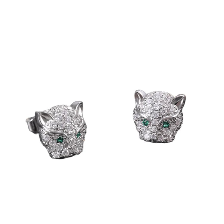 Wholesale Fashon Jewellery Brass Plated Silver Personalized Versatile Diamond Zircon Leopard Head Earrings