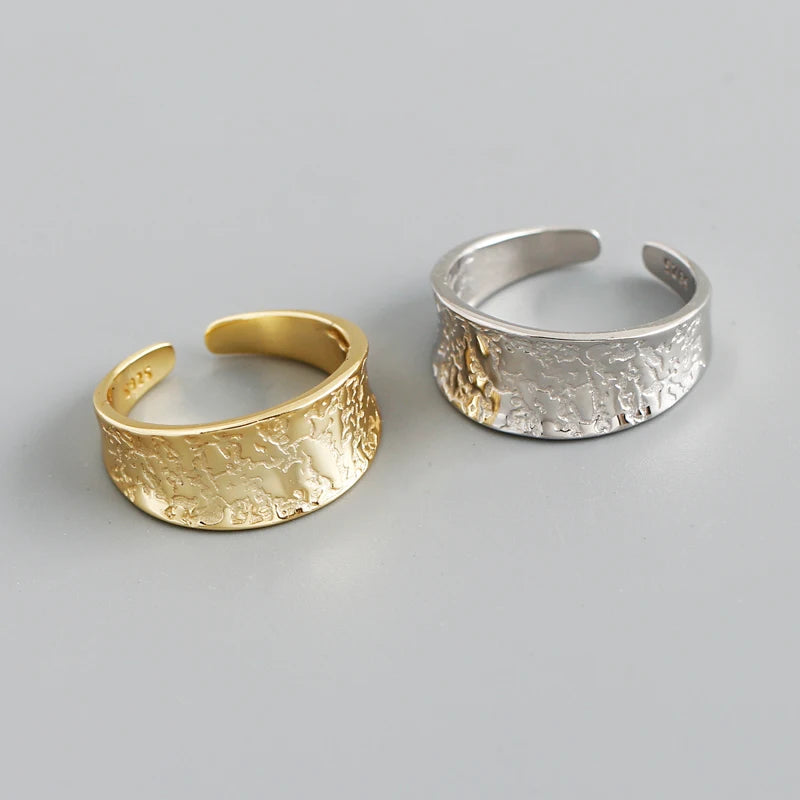 INS Fashion 925 Sterling Silver Adjustable Tinfoil Open Ring Dark  Ring with 18k Gold Plated Ring for Women Wear