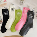 Trending Solid Korean Stylish Print Smile Letter Socks Women Knitted Cotton Crew Rib Socks with Ribbon