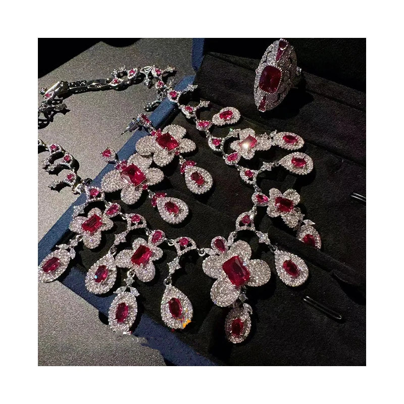 Luxury Customized Design Saudi Arabia Ruby Jewelry Sets Manufacturer Zirconia Bridal Jewelry Set for Wedding