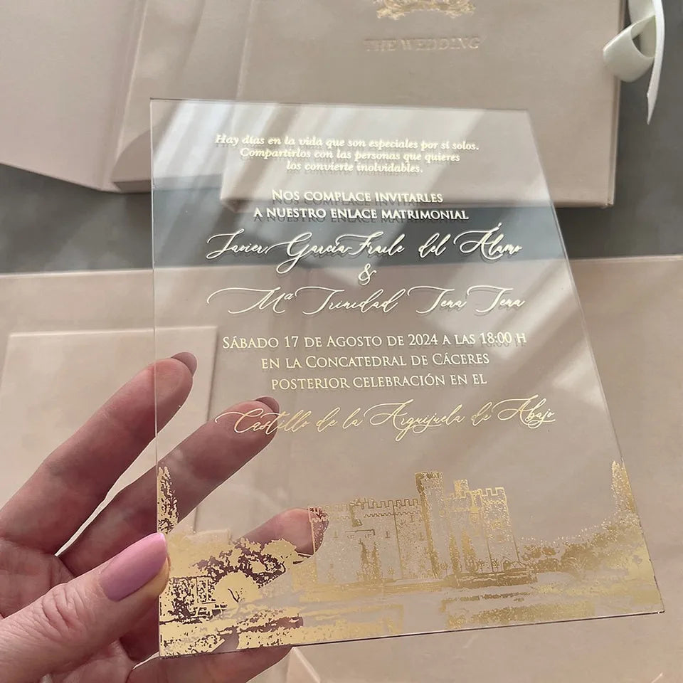 Custom 5*7 inches Simple Design Gold Stamping Acrylic Wedding Invitation with Navy Envelope