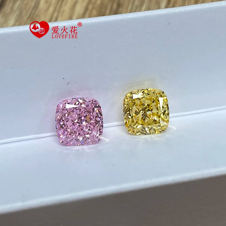 Synthetic pink Yellow Cz Diamond 4k Crushed Ice Cut Loose Cz Stones 5A+ Grade Cushion Shape Cubic Zirconia