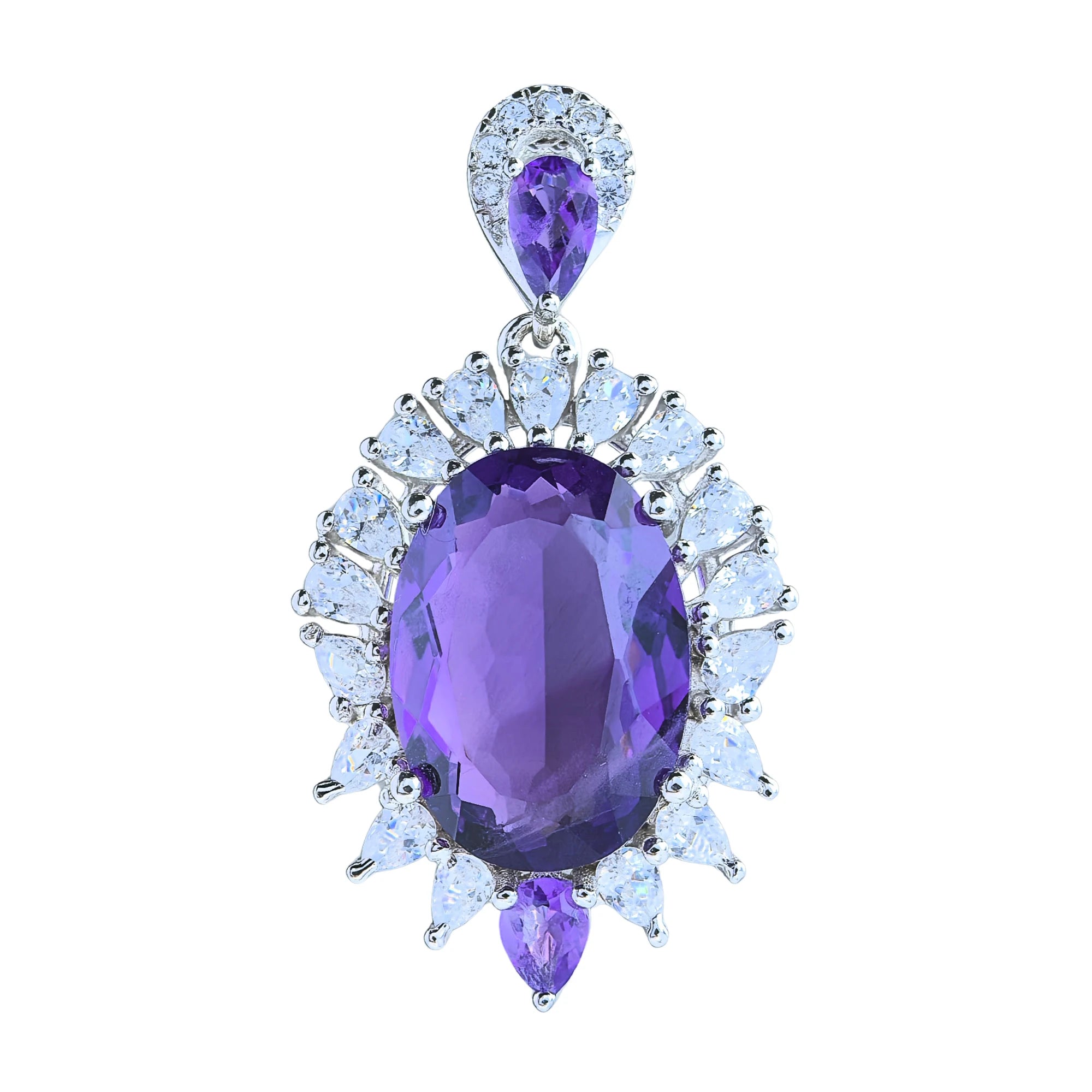 Factory Wholesale Rhodium Plated 925 Sterling Silver Oval Cut Natural Amethyst Pendant for Women Birthday Gift Party Wear