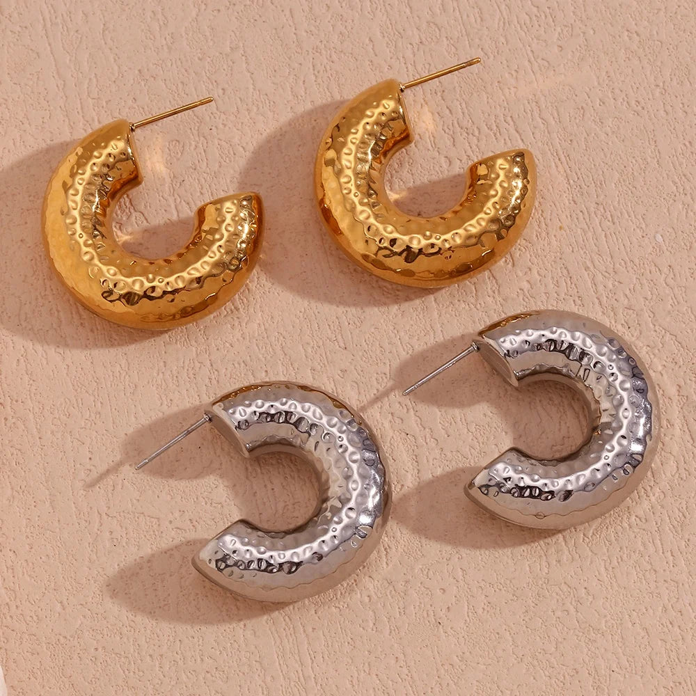 Trendy Gold-Plated Stainless Steel Hammered Hoop Earrings Hollow out Statement for Weddings Parties Gifts Engagements