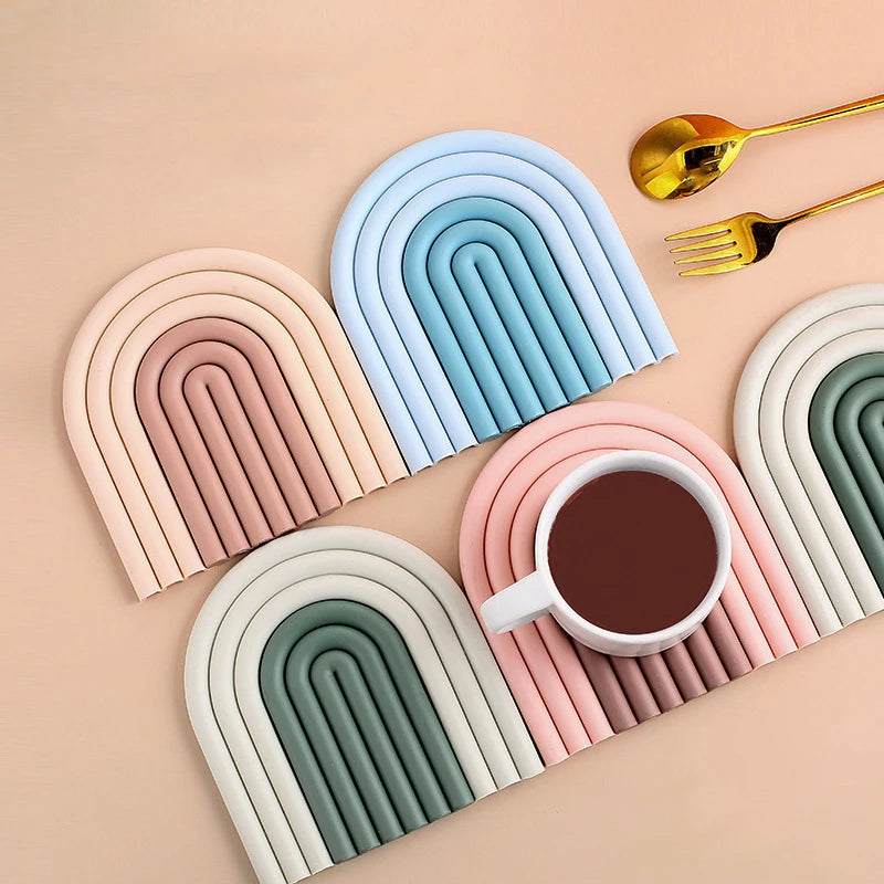 Nordic Style Silicone Removable Rainbow Coasters Insulation Pads Cup Mat Plate Non Slip Placemat Home Decor Kitchen Accessories
