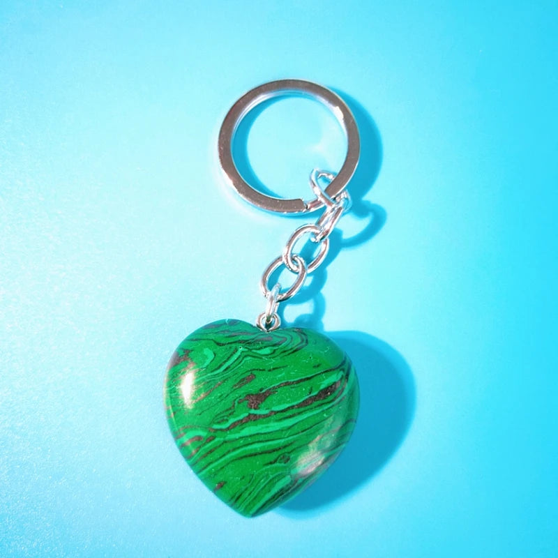 Huiying Malachite new design heart shape keychains necklace healing crystals stones keychains