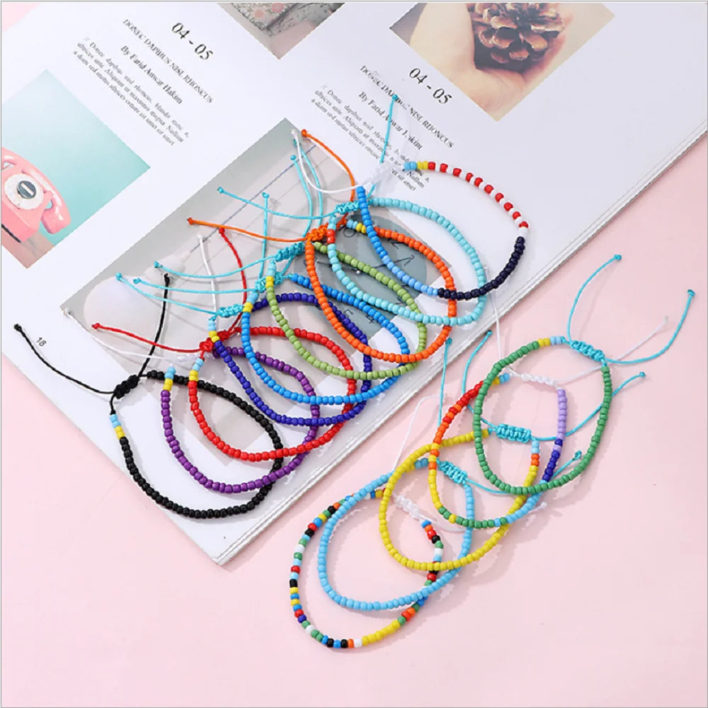Handmade Bohemian Style Weave Bracelet for Women Adjustable Mixed Color Rice Bead Jewelry for Anniversary