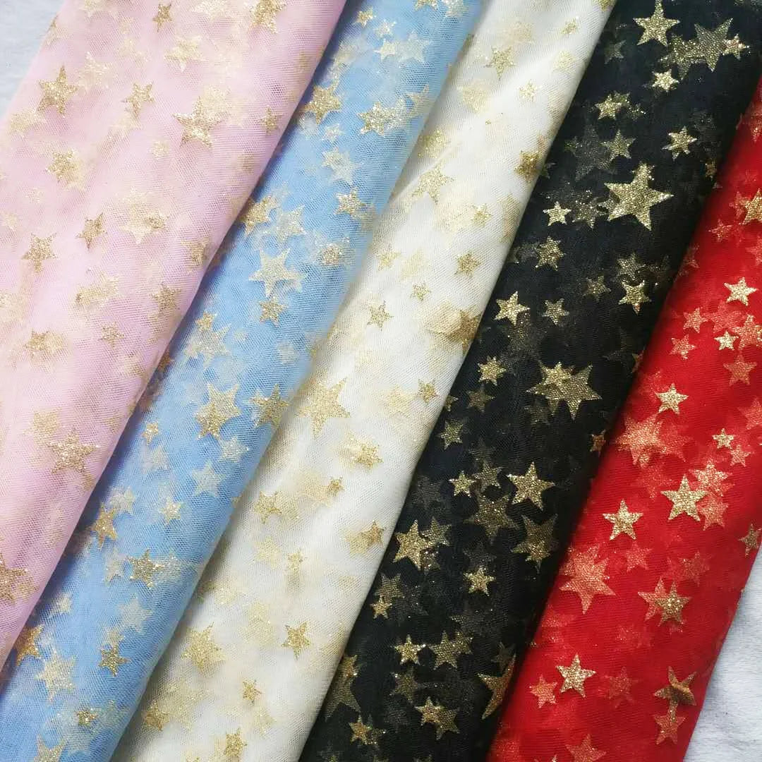 Girls Shiny Glitter Star Print Tulle Lace Fabric for Dresses LT21453