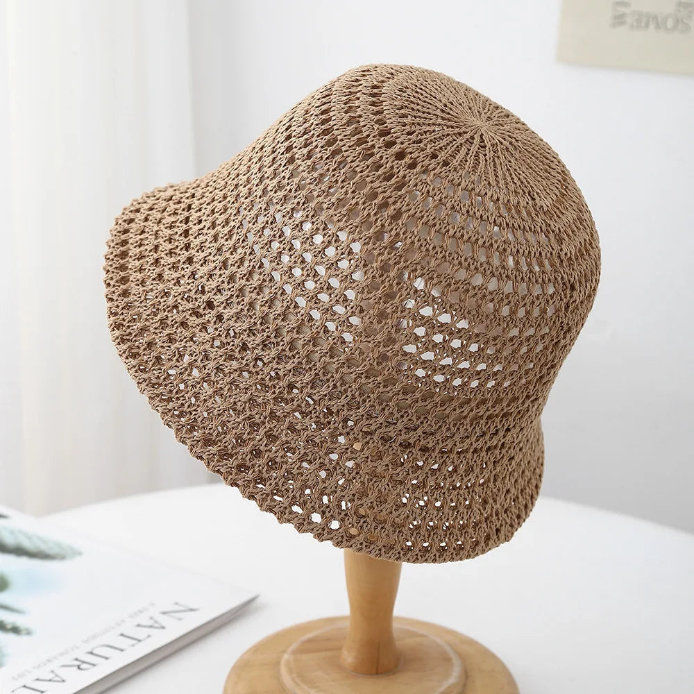 Japanese Style Simple Hollow Knitted Bucket Hat Summer Outdoor Beach Travel Bucket Hat