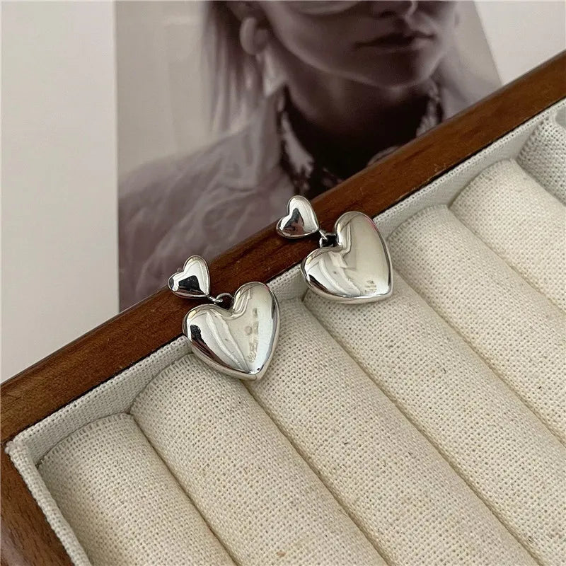 Fashion Classic 925 Sterling Silver Glossy Double Small Big Heart Stud Earrings Wholesale Valentine's Day Gifts