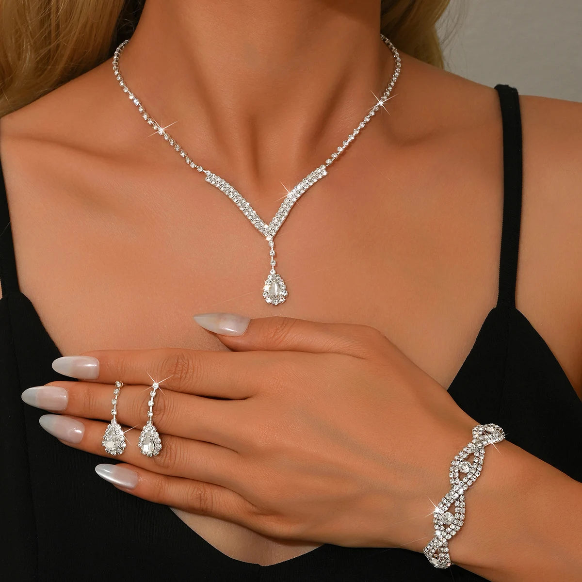 Women's 3-Piece Rhinestone Wedding Dress Accessories Set Includes Necklace Bracelet Earring-Fashion Jewelry