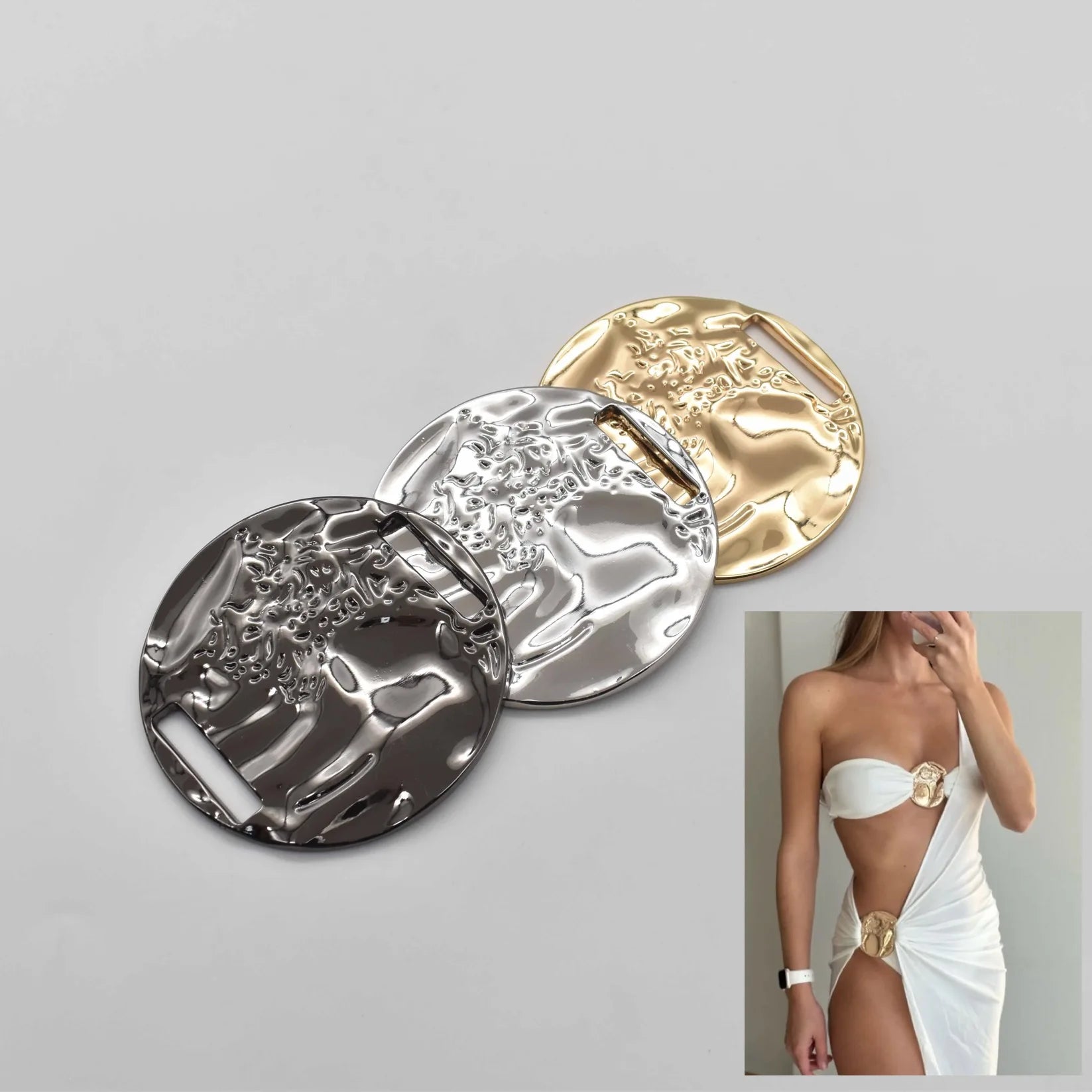 Custom High-end Irregular Rust Resistant Solid Metal Alloy Round Gold Buckle Bikini Connector for Swimwear Accessories