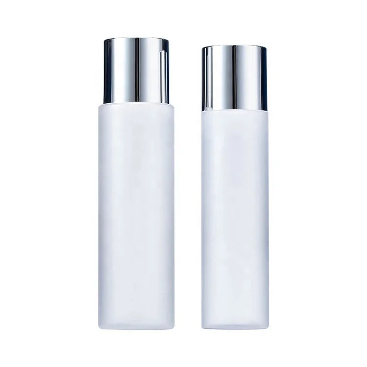 100ml 150ml 200ml Plastic Toner Bottle Frosted Flat Shoulder Empty Cosmetic Container Silver Screw Cap Essential Oil Plug Bottle