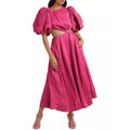 Custom New Fashion Ladies Summer Linen Cutout Wear Casual  Puff Sleeves Women Plain Midi Dress